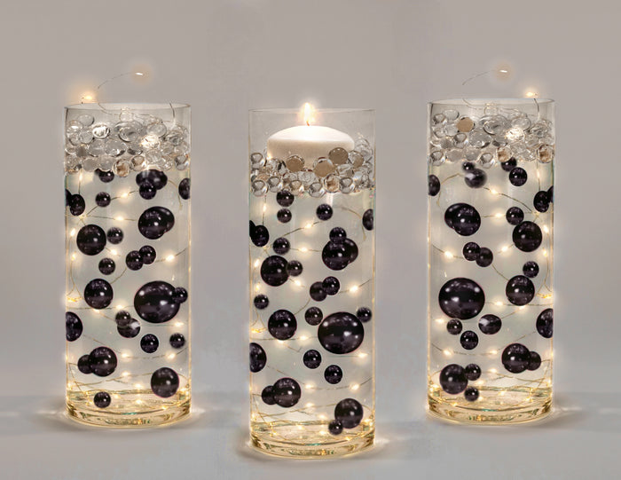 75 Floating Black Pearls-Jumbo Sizes-Fills 1 Gallon of Floating Pearls & Crystal Clear Gels for Floating Effect for Vases-With Exclusive Measured Floating Gels Prep Bag-Option: 3 Submersible Fairy Lights Strings