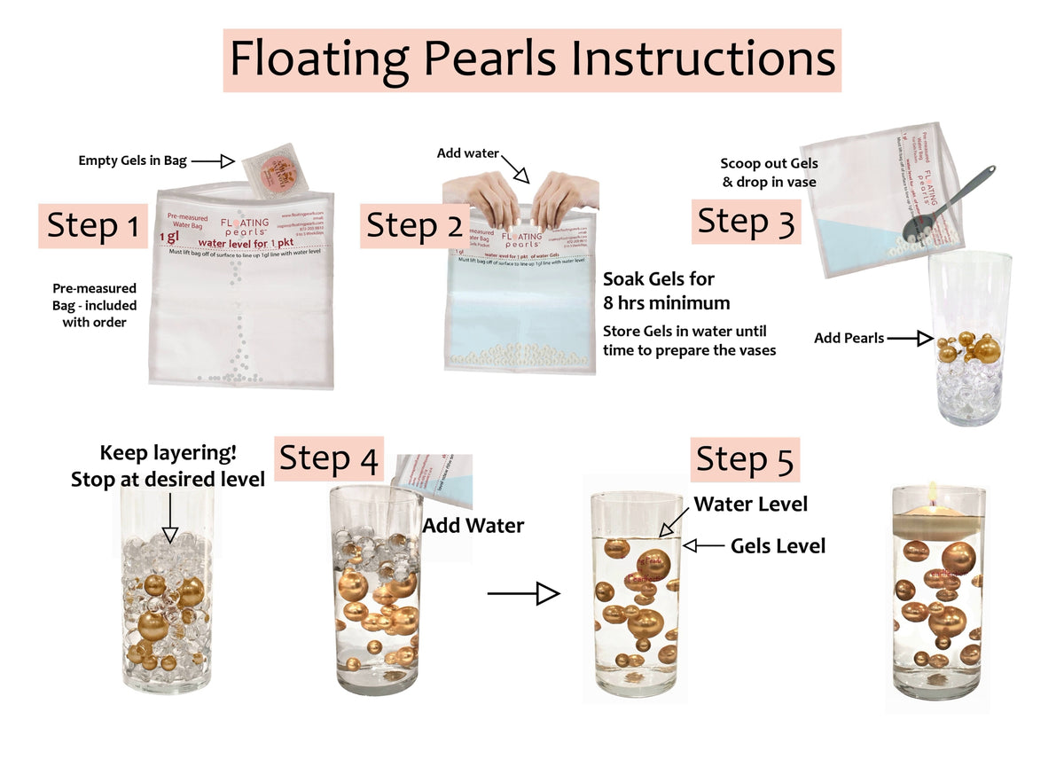 100 "Floating" White Pearls and Matching Gems-Shin-Fills 2 Gallons of Floating Pearls, Gems and Crystal Clear Gels for Vases-With Exclusive Transparent Gels Prep Bags-Option: 6 Submersible Fairy Lights Strings