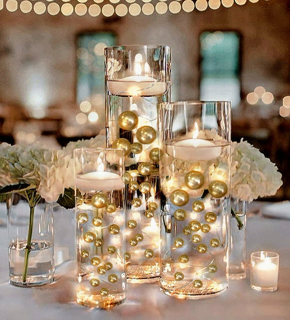100 Floating Gold Pearls with Gold Sparkling Gems- Large Sizes- Fills 2 Gallons of The Floating Transparent Water Gels for Your Vases- Option: 6 Submersible Fairy Lights Strings