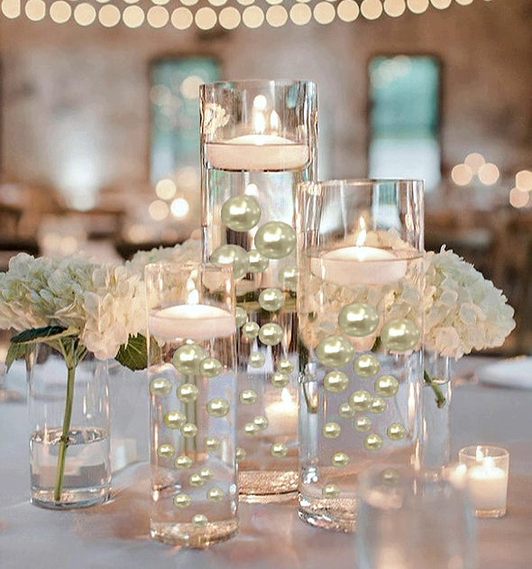 75 Floating Ivory/Off White Pearls-Shiny-Jumbo Sizes-Fills 1 Gallon of Floating Pearls & Crystal Clear Gels For Vases-With Exclusive Measured Floating Gels Bag-Option 3 Submersible Fairy Lights Strings