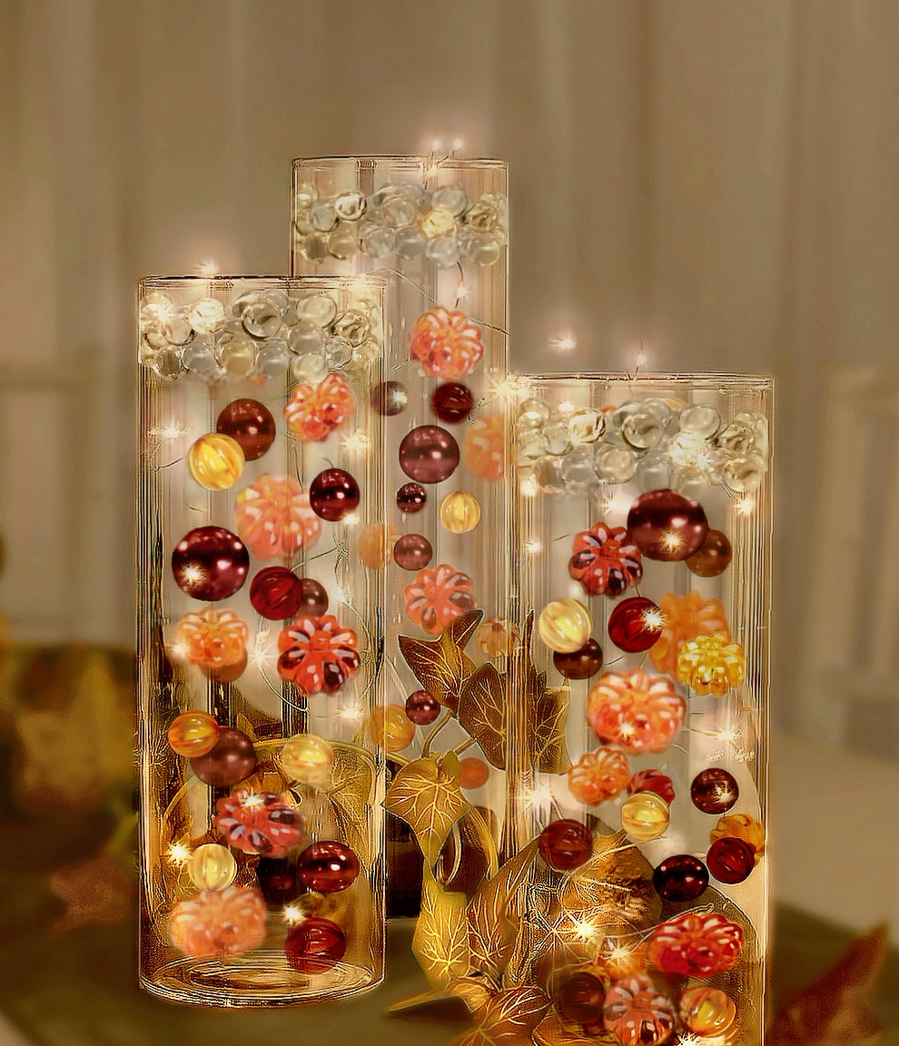 50 Fall Thanksgiving Floating Glowing Pumpkins, Leaves, and Pearls- Fills 1 Gallon of the Floating Transparent Gels for Your Vases- Option to Add 3 Submersible Fairy Lights Strings