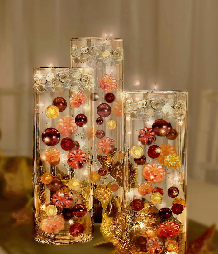 50 Fall Thanksgiving Floating Glowing Pumpkins, Leaves, and Pearls- Fills 1 Gallon of the Floating Transparent Gels for Your Vases- Option to Add 3 Submersible Fairy Lights Strings