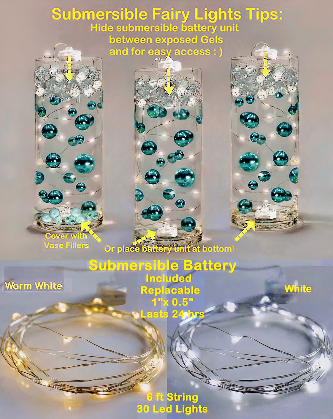 100 Floating Ivory Pearls and Ivory Gems - Large Sizes - Fills 2 Gallons of the Transparent Water Gels for the Floating Effect- With Exclusive Measured Prep Bags - Option: 6 Submersible Fairy Lights Strings