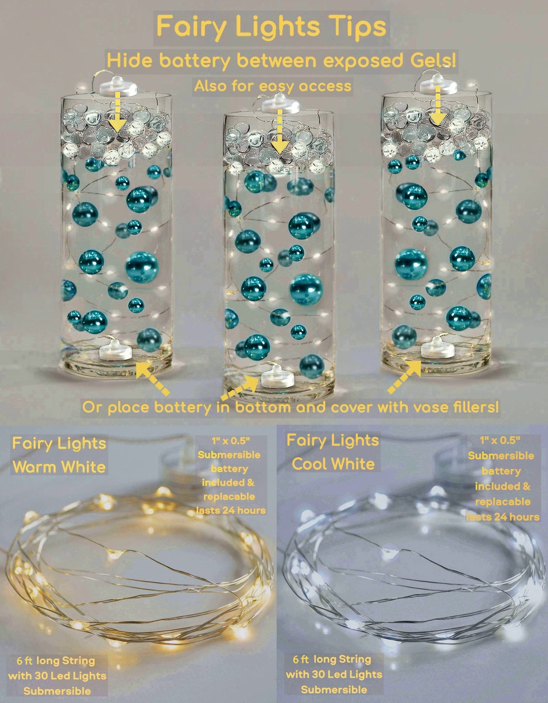 50 Floating Gold Stars- Sparkling- Large Sizes- Fills 1 Gallon of the Transparent Floating Gels for Your Vases- With Pre-Measured Prep Bags- Option of 3 Submersible Fairy Lights Strings