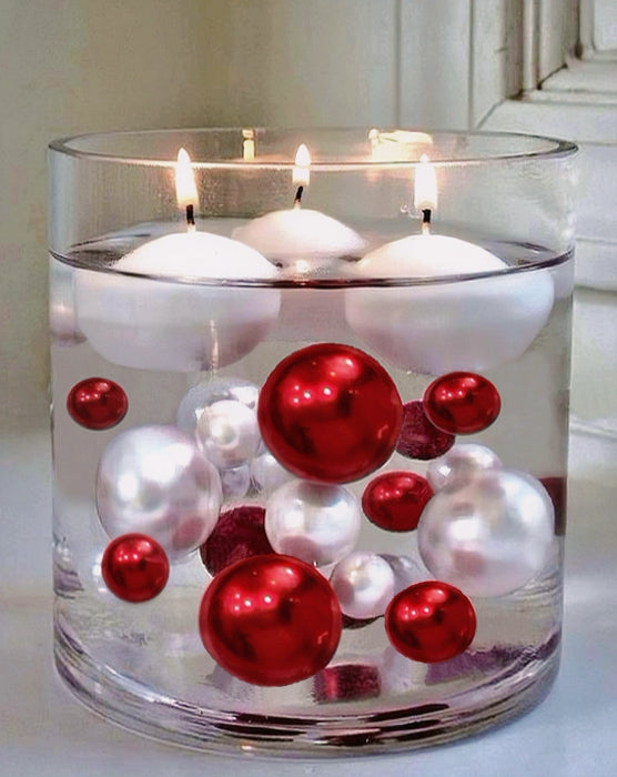125 Floating Red and White Pearls-Shiny-Jumbo Sizes-Vase Decorations and Table Scatter - Option 6 Submersible Fairy Lights Strings