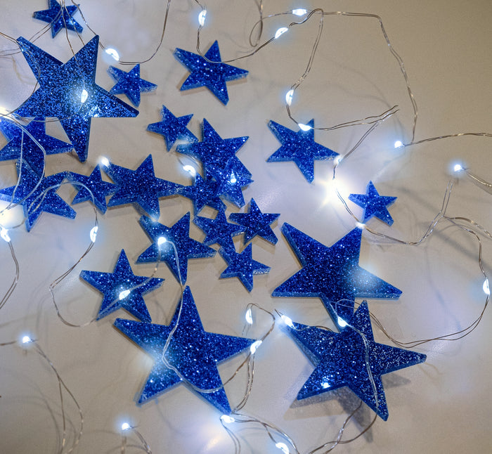 50 Floating Blue Stars-Glitter-1 Pk Fills 1 Gallon for Your Vases-Including Transparent Water Gels Floating Measured Kit-Exclusive-Option: Submersible Fairy Lights Strings-Stunning Vase Decorations
