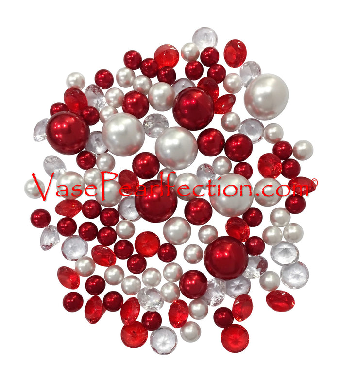 250 "Floating" Red & White Pearls & Matching Sparkling Gem Accents - With Measured Gels Kit - Option 12 Fairy Lights - Vase Decorations