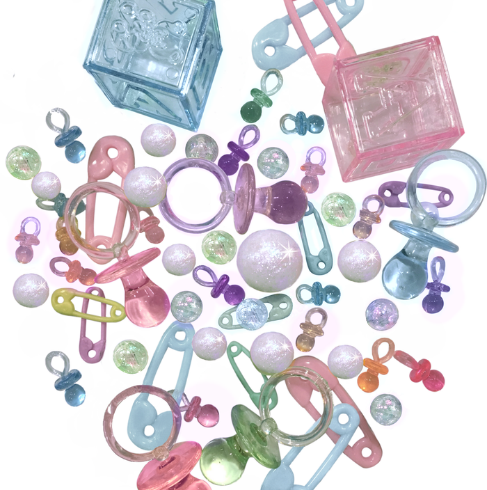 60 Floating Gender Neutral Baby Shower Pacifiers, Saftey Pins, Umbrellas & More-Fills 1 Gallon of Floating Decorations & Transparent Gels for Floating Effects-With Exclusive Meaured Flaoting Gels Prep Bag-Option 3 Submersible Fairy Lights Strings