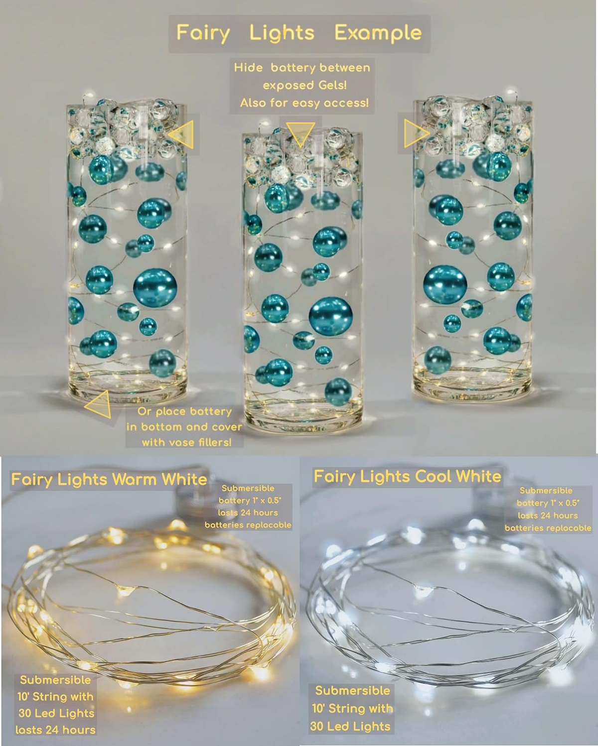 Floating Rose Gold Pearls - Shiny - 1 Pk Fills 1 Gallon of Gels for Floating Effect - With Measured Gels Kit - Option 3 Fairy Lights - Vase Decorations