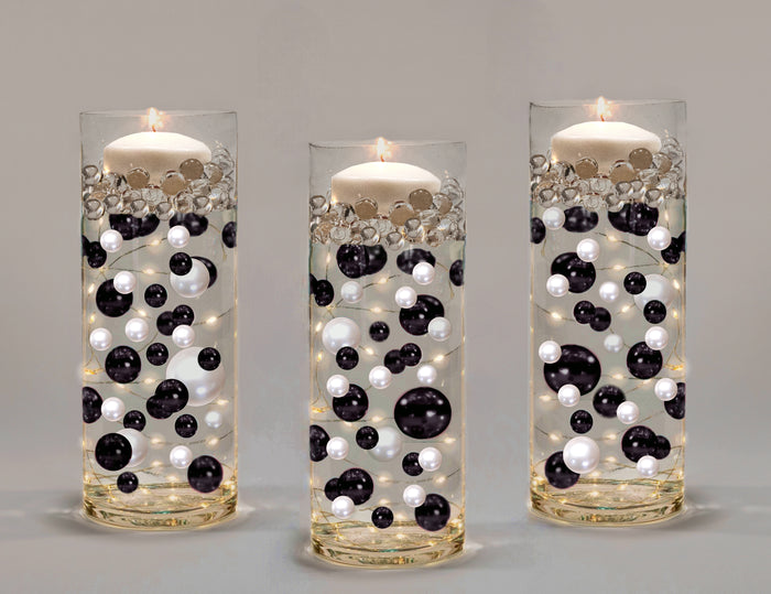 200 "Floating" Black & White Pearls & Matching Sparkling Gem Accents - With Measured Gels Kit - Option 12 Fairy Lights - Vase Decorations