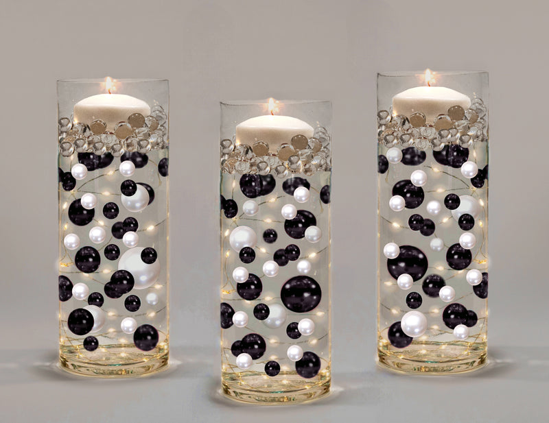 200 Floating Black & White Pearls-Matching Gems Accents-Jumbo Sizes-Fills 4 Gallons of the Transparent Gels for the Floating Effect-With Measured Gels Kit-Vase Decoration-Option 12 Submersible Fairy Lights Strings