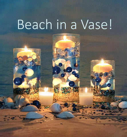 100 Floating White Seashells-White Coral Reef-Pearls-Aqua Sea Color Gels-Fills 4 Med Size Vases-With Exclusive Measured Floating Gels Prep Bag-Option of 3 Submersible Fairy Lights Strings