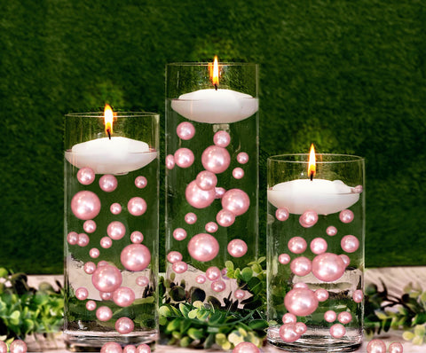 100 Floating Light Pink Pearls with Matching Gems- Large Sizes- Fills 2 Gallons of Transparent Floating Gels for Your Vases - With Gels Measured Prep Bags - Option of 6 Submersible Fairy Lights Strings