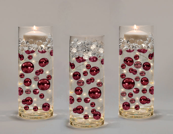 Floating Burgundy Pearls - Shiny - 1 Pk Fills 1 Gallon of Gels for Floating Effect - With Measured Gels Kit - Option 3 Fairy Lights - Vase Decorations