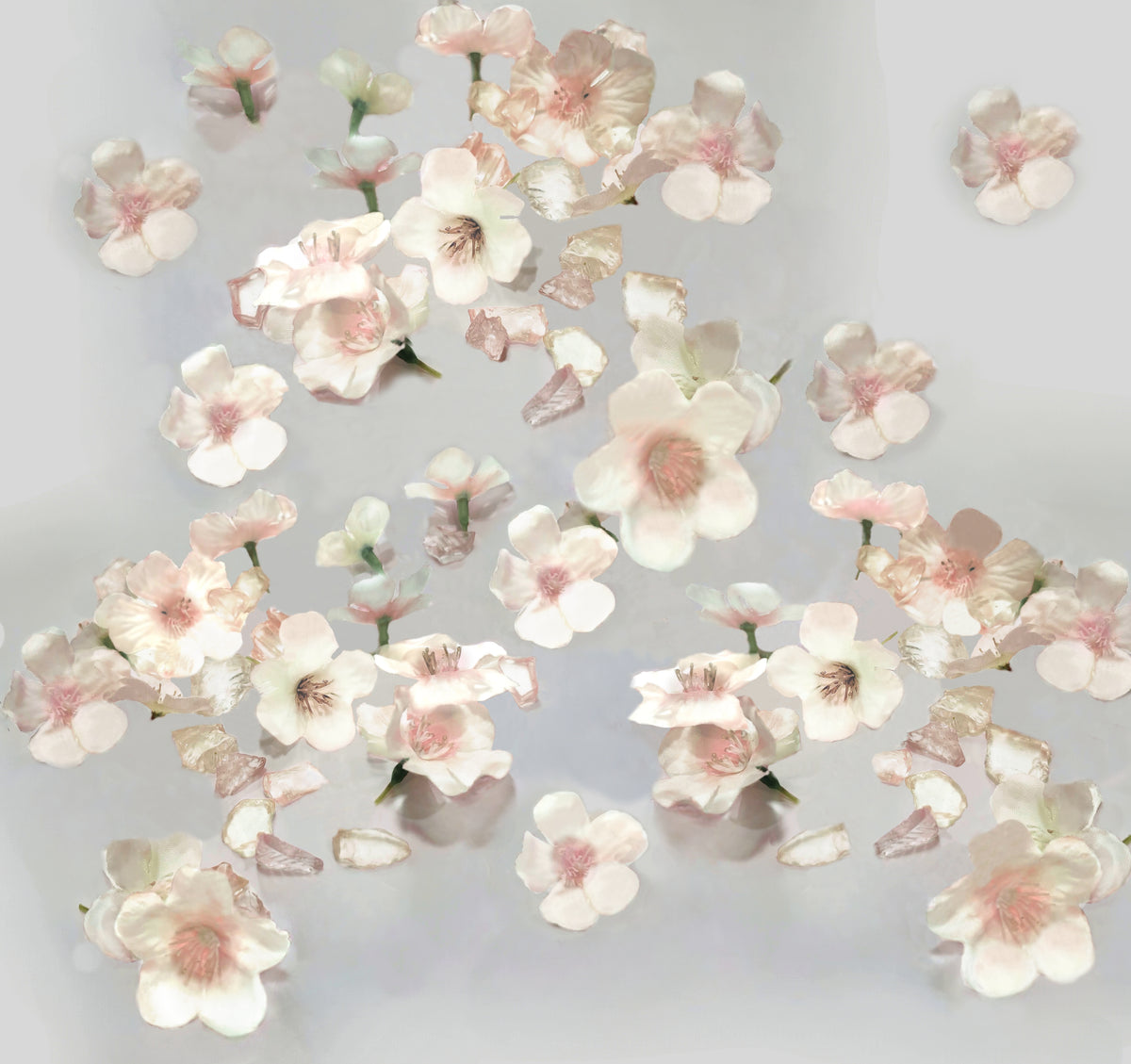 60 Floating White/Off White/Pink Cherry Blossoms Flowers with Matching Chipped Glass or Pearls-Fills 1 Gallon for Your vases-With Measured Floating Kit-Option:3 Submersible Fairy Lights-Vase Decorations