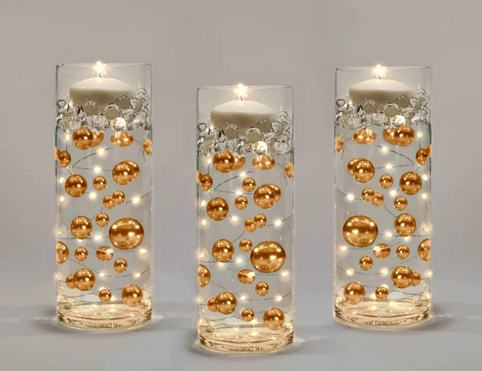 "Floating" Gold Pearls - Shiny - 1 Pk Fills 1 Gallon of Gels for Floating Effect - With Measured Gels Kit - Option 3 Fairy Lights - Vase Decorations