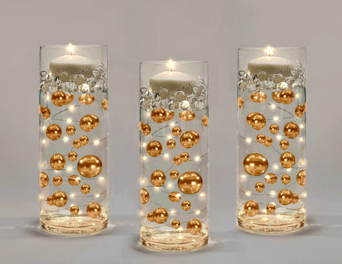 75 Gold Floating Pearls-Large Sizes-Fills 4 Medium Size Vases (1 Gal) of the Transparent Floating Gels-With Measured Prep Bag-Option of 3 Fairy Lights Strings