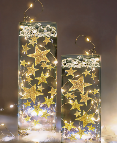 50 Floating Gold Stars-Large Sizes-Sparkling-Fills 1 Gallon of Transparent Floating Gels for Your Vases - With Gels Measured Prep Bags - Option of 6 Submersible Fairy Lights Strings