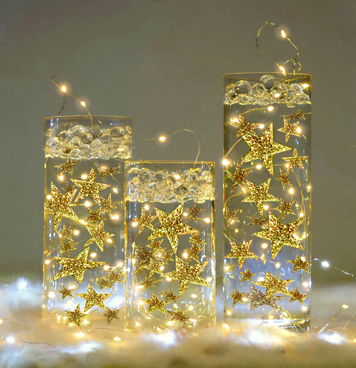 50 Floating Gold Stars-Sparkling-Large Sizes-Fills 1 Gallon of the Transparent Floating Gels for Your Vases - With Pre-Measured Prep Bags - Option of 3 Submersible Fairy Lights Strings