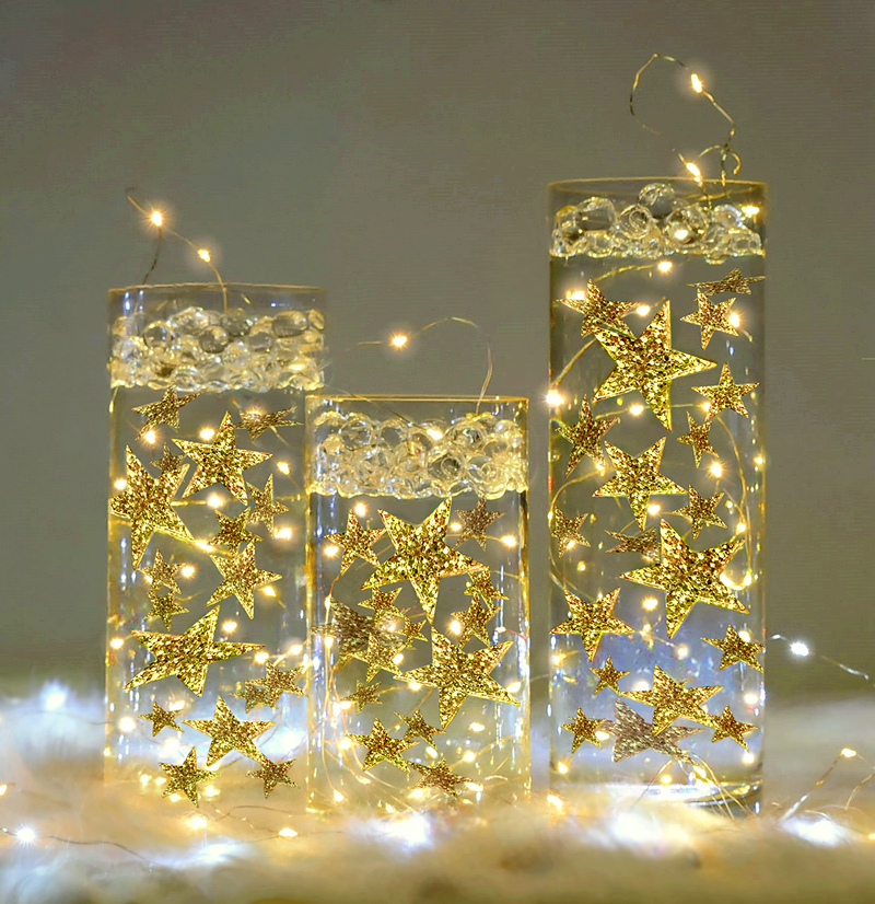 50 Floating Gold Stars-Sparkling-Large Sizes-Fills 1 Gallon of the Transparent Floating Gels for Your Vases - With Pre-Measured Prep Bags - Option of 3 Submersible Fairy Lights Strings