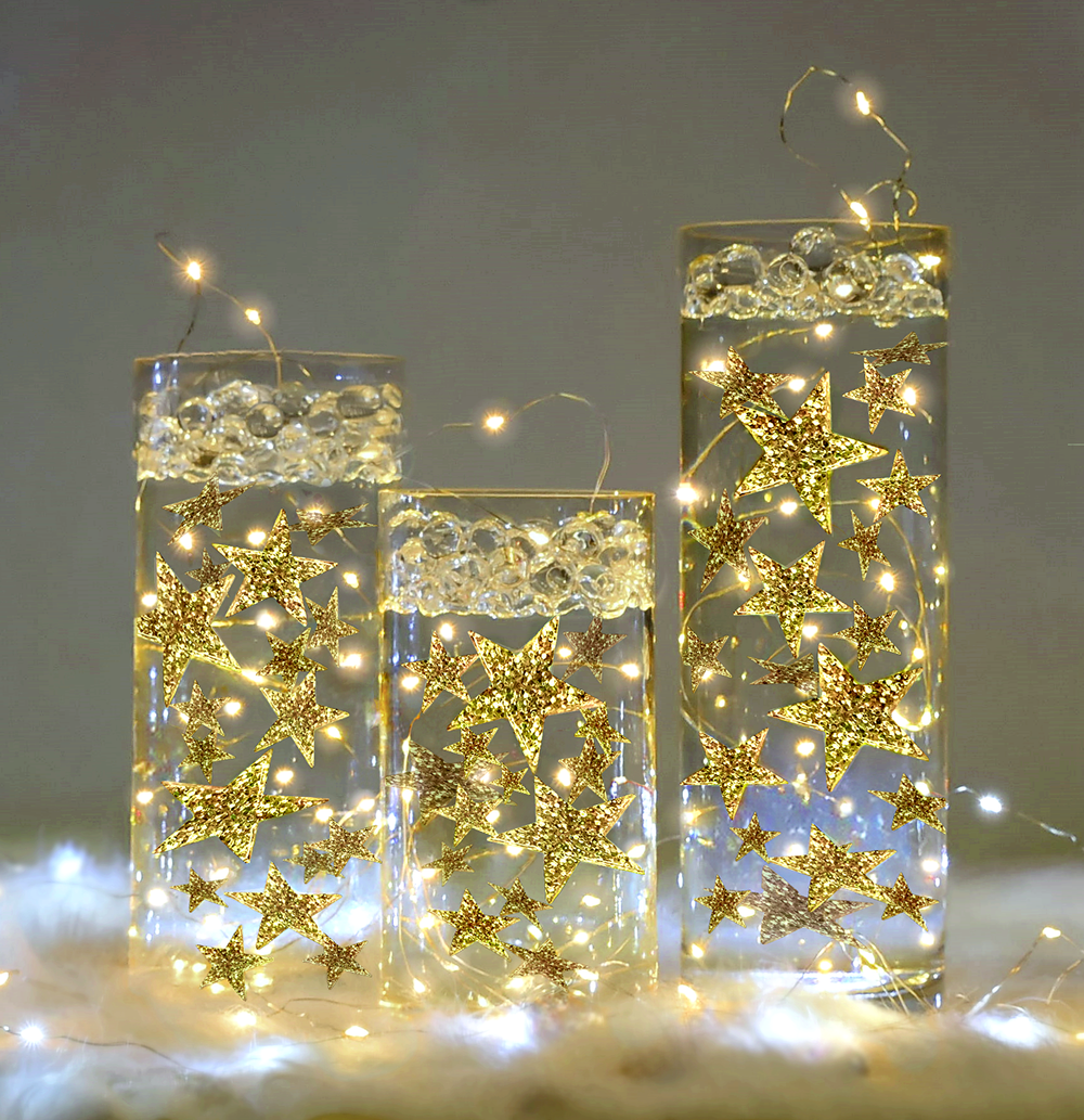 50 Floating Gold Stars- Sparkling- Large Sizes- Fills 1 Gallon of the Transparent Floating Gels for Your Vases- With Pre-Measured Prep Bags- Option of 3 Submersible LED Fairy Lights Strings with Hidable and Submersible Battery