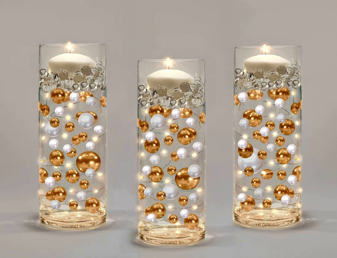 200 Floating Gold Pearls & White Pearls & Matching Gems-With Exclusive Measured Gels Prep Bags-Option 12 Submersible Fairy Lights