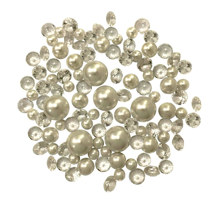 100 "Floating" Ivory Pearls and Matching Gems-Shiny-Jumbo Sizes-Fills 2 Gallons of Pearls/Gems & Crystal Clear Gels for Your Vases-With Transparent Water Gels Floating Kit-Option: 6 Submersible Fairy Lights Strings