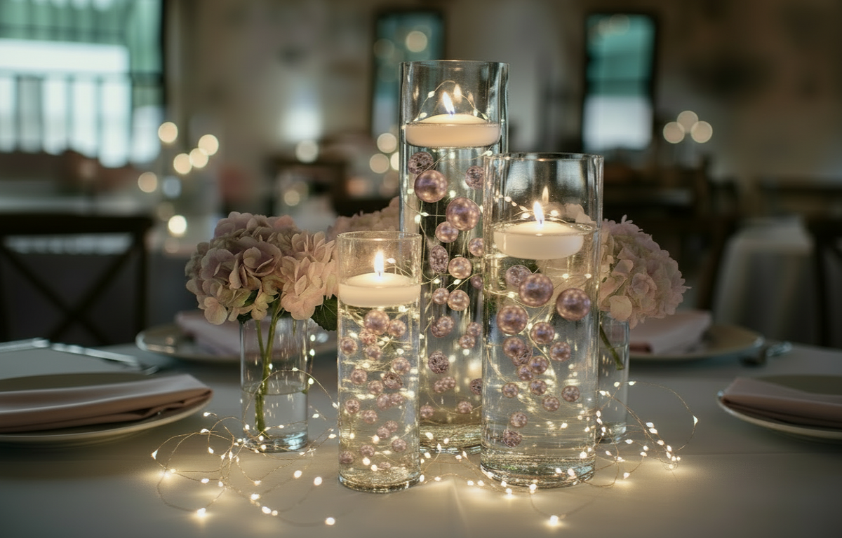 120 סומק "צף" פנינים ורודות ולבנות עם הדגשות אבני חן נוצצות- ללא חור ג'מבו ומגוון גדלים קישוטי אגרטל ופזרי שולחן