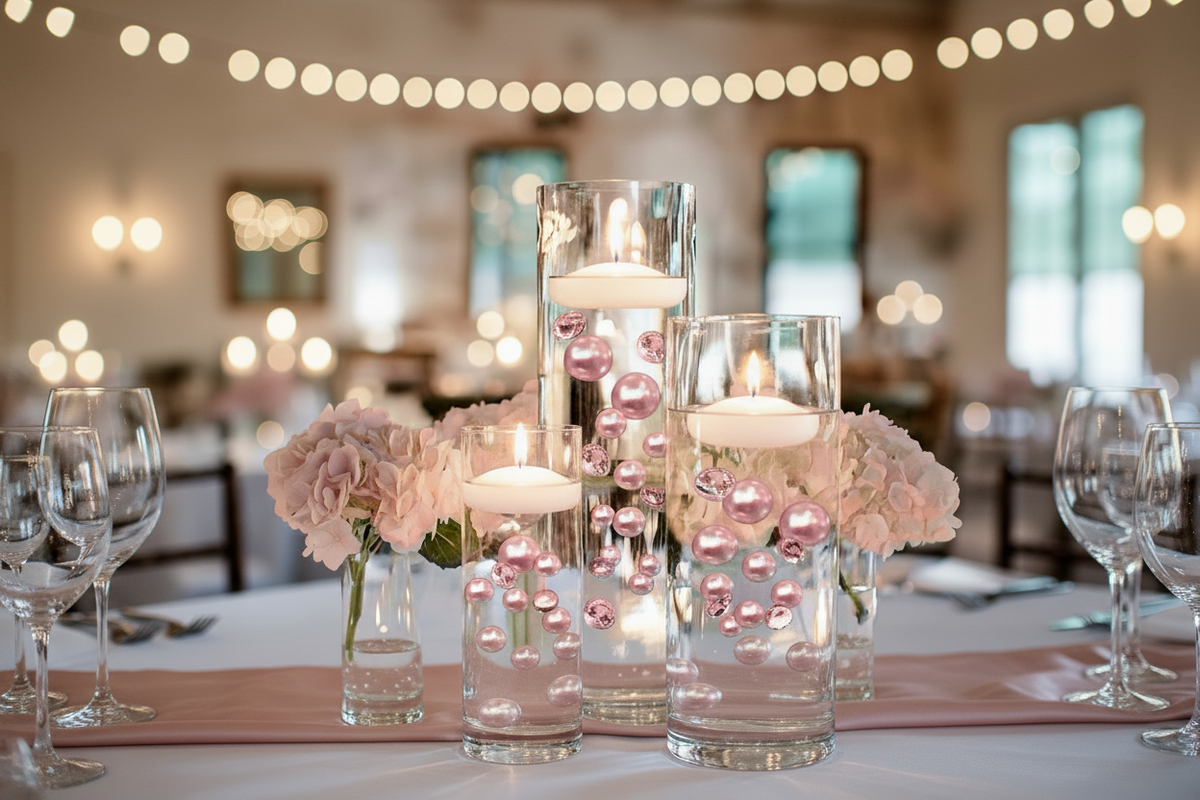 120 "Floating" Blush Pink & White Pearls mit funkelnden Edelsteinakzenten - No Hole Jumbo & Assorted Sizes Vase Decorations and Table Scatters