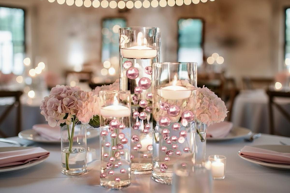 120 סומק "צף" פנינים ורודות ולבנות עם הדגשות אבני חן נוצצות- ללא חור ג'מבו ומגוון גדלים קישוטי אגרטל ופזרי שולחן