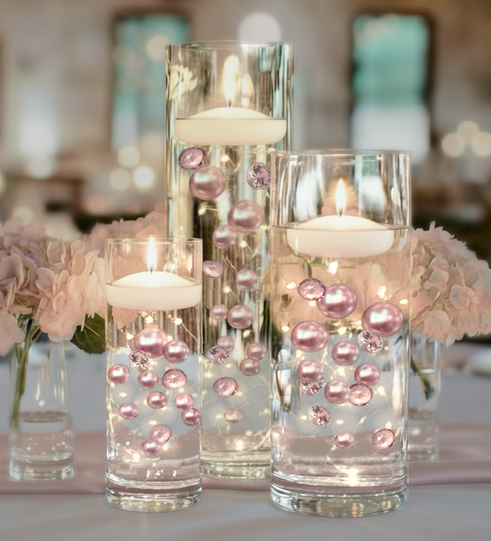 100 Floating Light Pink Pearls & Pink Sparkling Gems-Large-Option of 3 Submersible LED Fairy Lights Strings with Hidable Submersible Batte-Fills 2 Gallons of Transparent Water Gels for your Vases