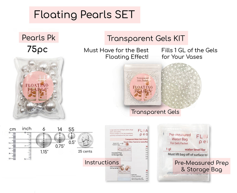 100 Floating Rose Gold Pearls & Floating Rose Gold Gems- Fills 2 Gallons of The Transparent Floating Gels-With Exclusive Gels Prep Bags-Option of 6 Submersible Fairy Lights Strings