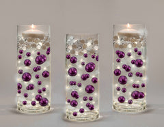 75 Floating Purple Plum Pearls Large Sizes- Option of 3 Submersible Fairy Lights Strings Hidable Submersible Batteries- 1 Gallon of Transparent Water Gels for Vases
