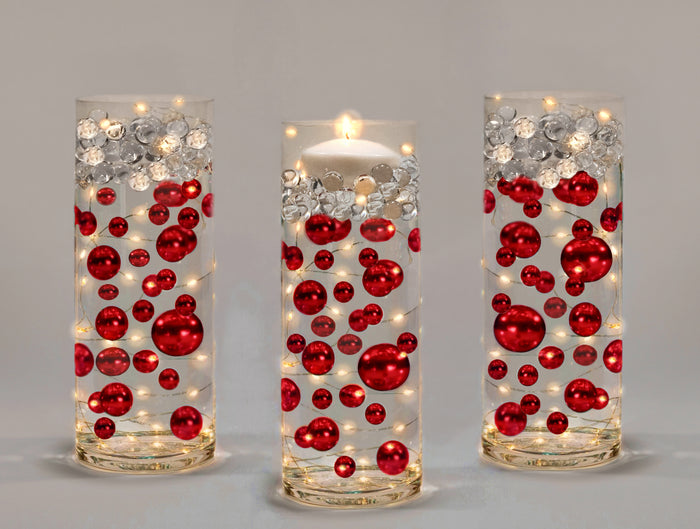 50 Floating Red Pearls-Shiny-Jumbo Sizes-1 Pk Fills 1 Gallon of Gels for Floating Effect-With Measured Gels Kit - Option 3 Fairy Lights - Vase Decorations