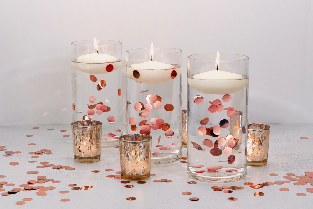 "Floating" Metallic Copper/Rose Gold Confetti - 2000pc - Fills 1 Gallon for Your Vases-Option of 3 Submersible Fairy Lights