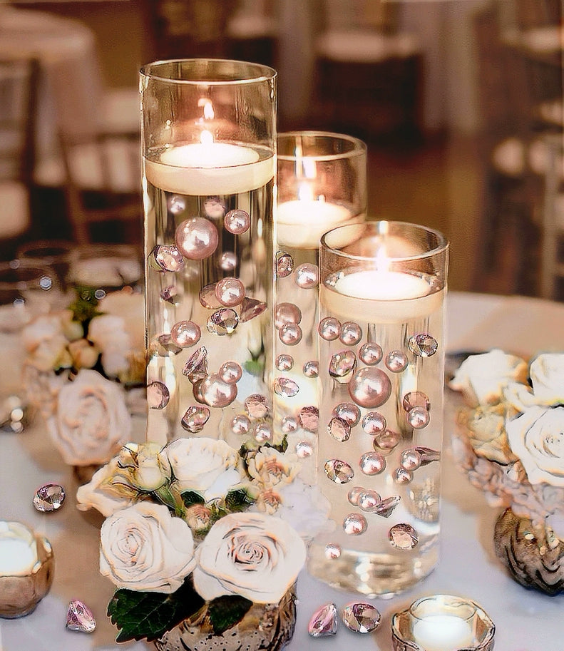 100 Floating Rose Gold Pearls & Floating Rose Gold Gems- Option of 6 Submersible Fairy Lights Strings Hidable Submersible Batteries- 2 Gallons of Transparent Water Gels for Vases