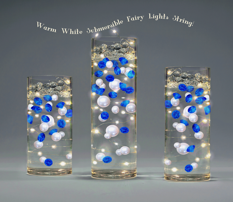 100 Floating Royal Blue Gems & White Pearls-Shiny-Jumbo Sizes-Fills 2 Gallons of Transparent Gels for the Floating Effect-With Gels Prep Bags-Option: 6 Submersible Fairy Lights Strings