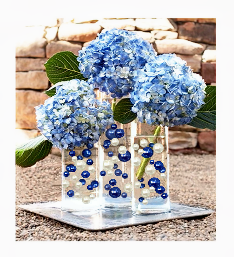100 Floating Royal Blue (Navy) and White Pearls-Shiny-Jumbo Sizes-Fills 2 Gallons for Your Vases-With Transparent Water Gels Floating Kit-Option: 6 Submersible Fairy Lights Strings