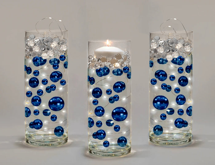 Floating Royal Blue (Navy) Pearls - Fills 1 GL for Your Vases - Shiny Jumbo Sizes - With Transparent Water Gels Kit for Best Floating Results - Vase Decorations