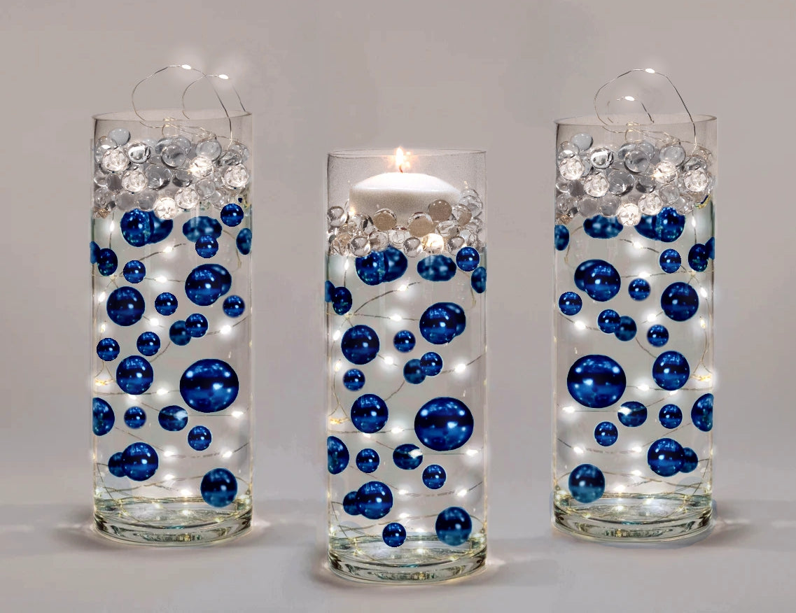 100 Floating Royal Blue (Navy) and White Pearls-Shiny-Jumbo Sizes-Fills 2 Gallons for Your Vases-With Transparent Water Gels Floating Kit-Option: 6 Submersible Fairy Lights Strings