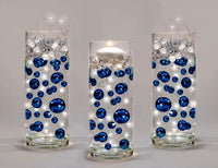 125 Floating Royal Blue/Navy Pearls and White Pearls-Shiny-Jumbo Sizes-Fills 2 Gallons for Your Vases-With Transparent Water Gels Floating Kit-Option: 6 Submersible Fairy Lights Strings