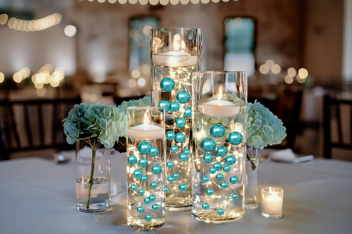 100 Floating Turquoise Blue/Teal Pearls and Matching Gems-Fills 2 Gallons of The Transparent Gels for the Floating Effect-Option: 6 Submersible Fairy Lights Strings