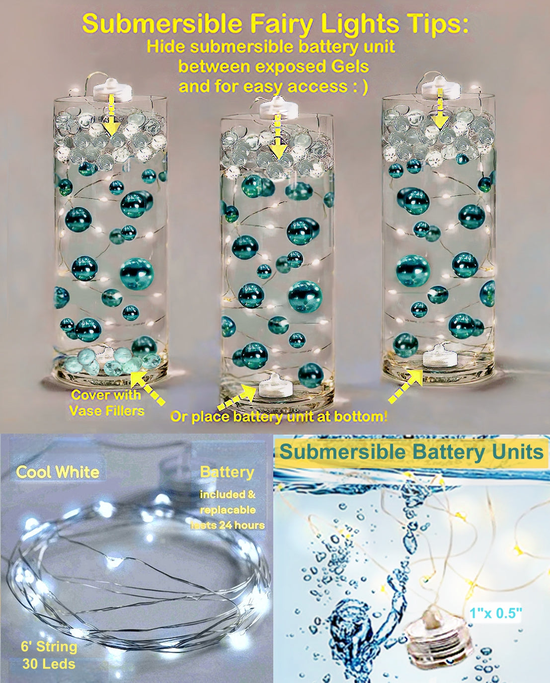 Floating Stars Glitter Blue-Rellena galones para tus jarrones-Incluye kits de geles de agua transparentes para una apariencia flotante-Opción de luces de hadas sumergibles-Impresionantes decoraciones de jarrones