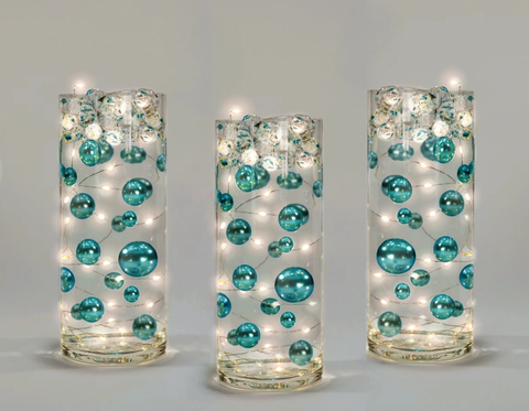 75 Floating Turquoise Blue/Teal Pearls-Fills 1 Gallon of The Transparent Gels for The Floating Effect-With Measured Gels Prep Bag-Option of 3 Fairy Lights Strings