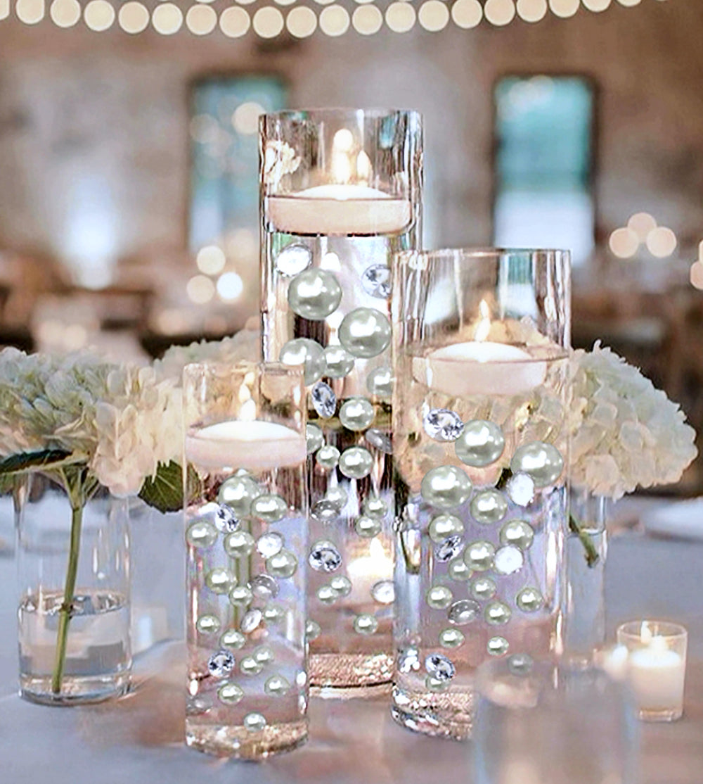 100 Floating White Pearls with Sparkling Gems Large Sizes- Option of 6 Submersible Fairy Lights Strings Hidable Submersible Batteries- Fills 2 Gallons for your Vases