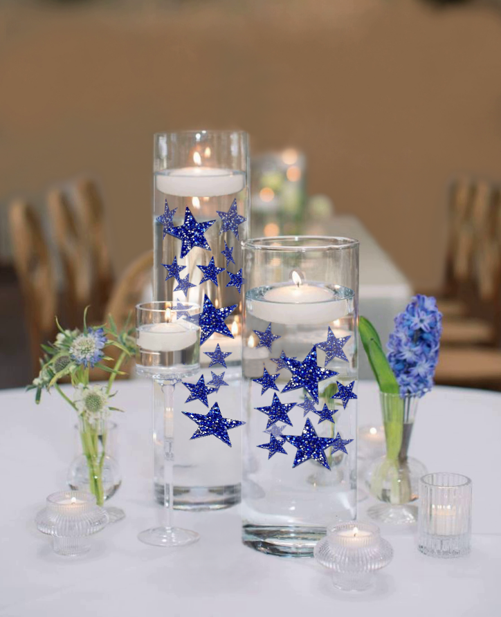 50 Blue Floating Stars-Sparkling Large Size-Fills 1 Gallon for Your Vases-Including Transparent Floating Gels Kit-Option 3 Submersible LED Fairy Lights Strings with Hidable and Submersible Battery