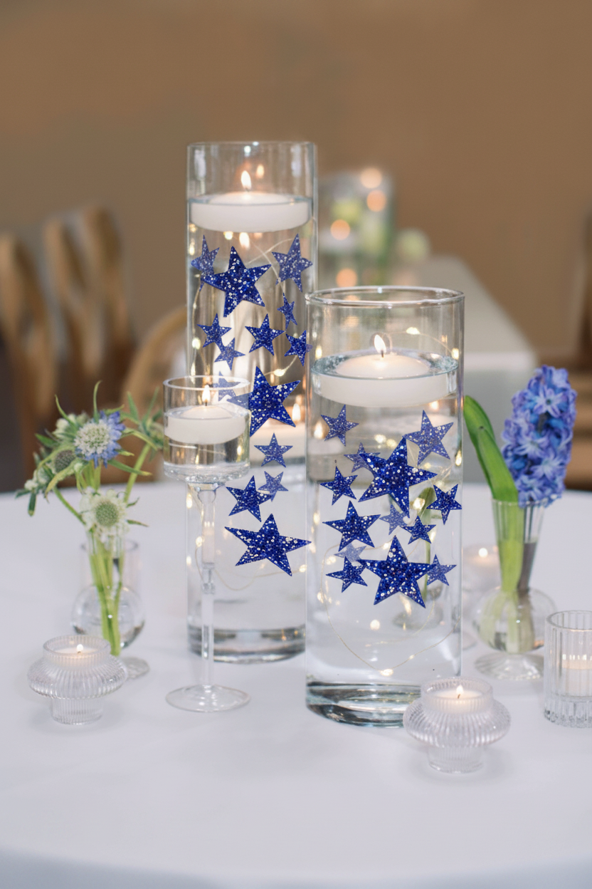 50 Blue Floating Stars-Sparkling Large Size-Fills 1 Gallon for Your Vases-Including Transparent Floating Gels Kit-Option 3 Submersible LED Fairy Lights Strings with Hidable and Submersible Battery
