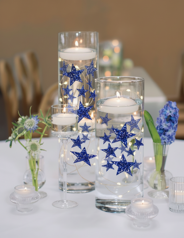 50 Blue Floating Stars-Sparkling Large Size-Fills 1 Gallon for Your Vases-Including Transparent Floating Gels Kit-Option 3 Submersible LED Fairy Lights Strings with Hidable and Submersible Battery