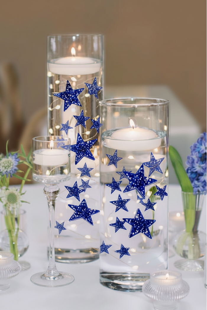 50 Blue Floating Stars-Sparkling Large Size-Makes 1 Gallon for Your Vases-Including Transparent Floating Gels Kit-Option 3 Submersible LED Fairy Lights Strings with Hidable and Submersible Battery