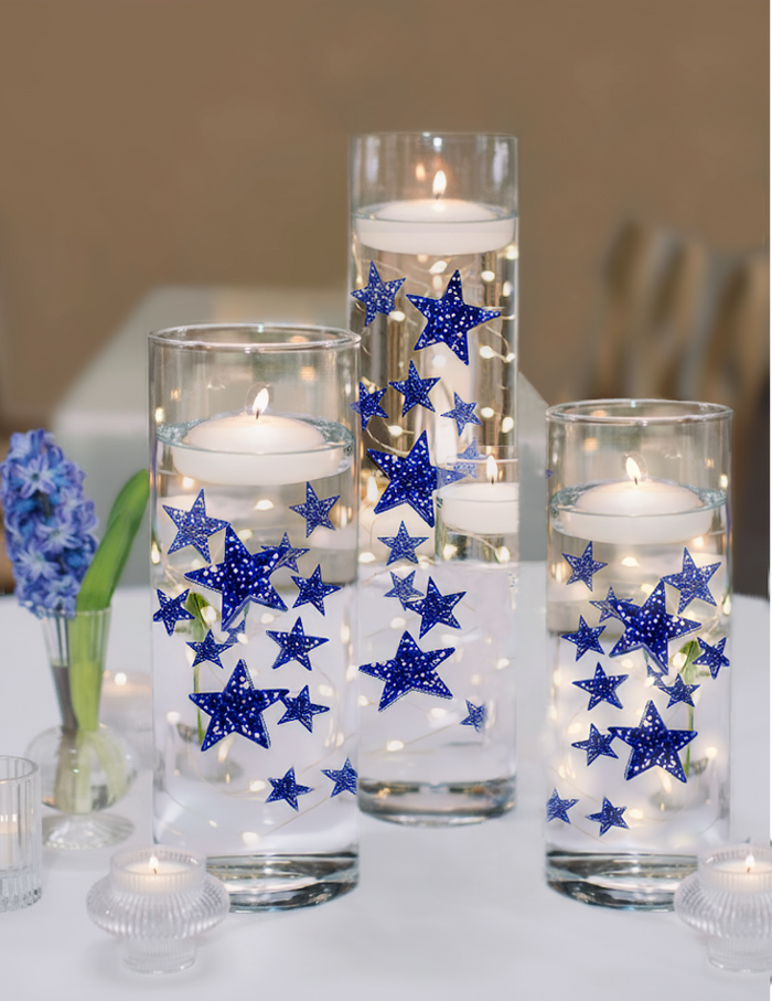 50 estrellas flotantes azules, tamaño grande brillante, rinde 1 galón para sus jarrones, incluye kit de geles flotantes transparentes, opción 3 cadenas de luces LED sumergibles con batería sumergible y oculta
